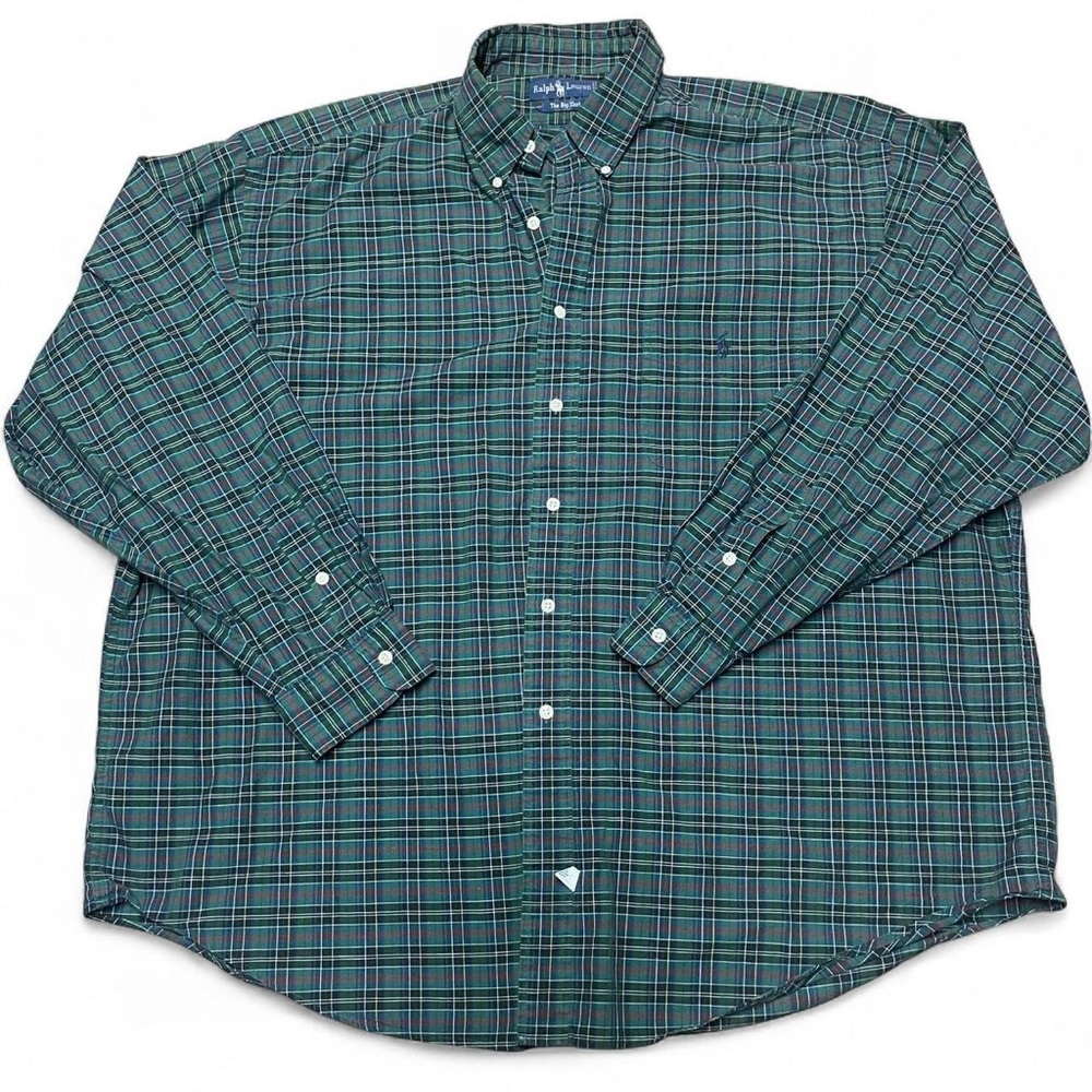 Vintage Polo Ralph Lauren The Big Shirt Men 2XL Green Plaid Oxford Tartan 90s